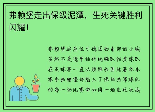 弗赖堡走出保级泥潭，生死关键胜利闪耀！